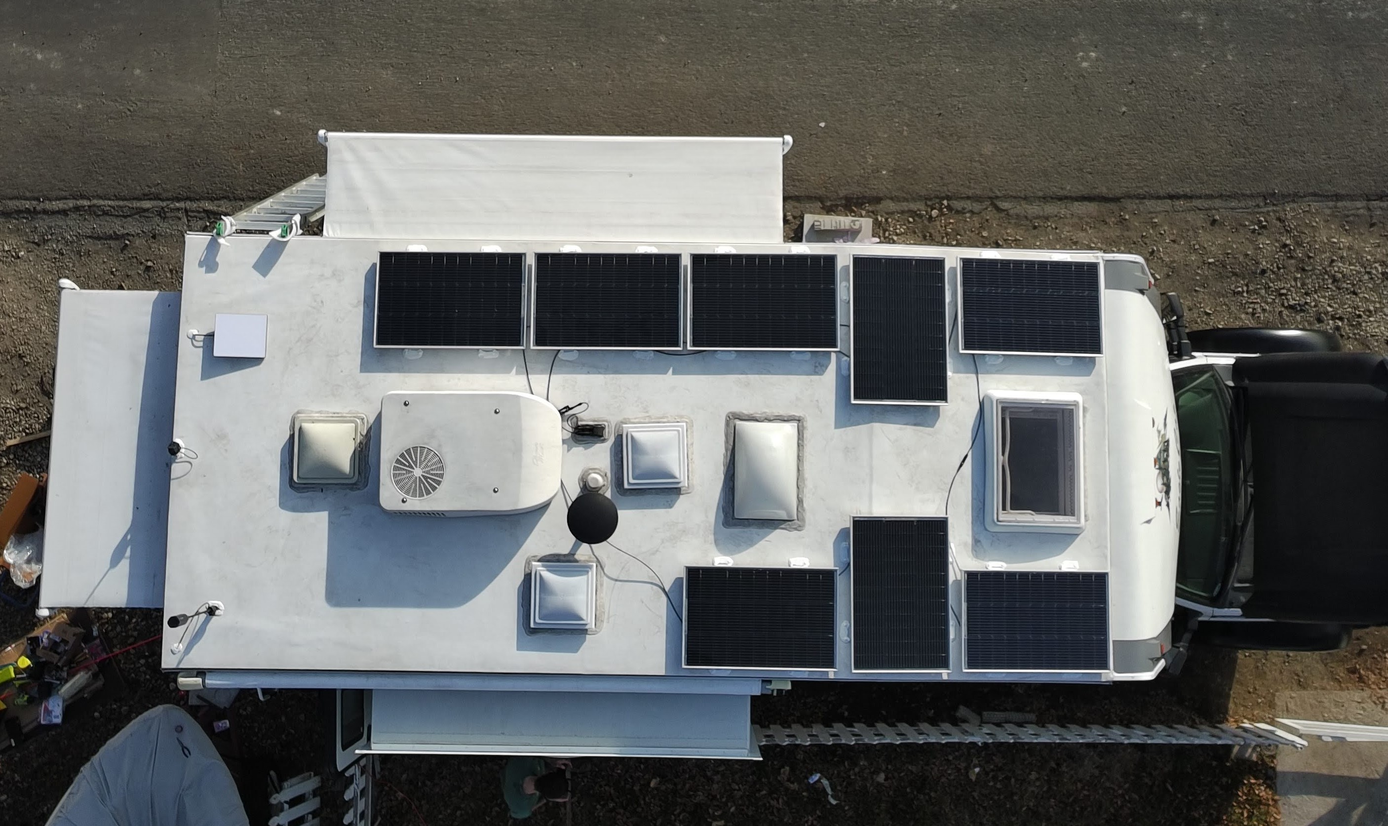 Background drone shot of solar panels on an RV/camper.